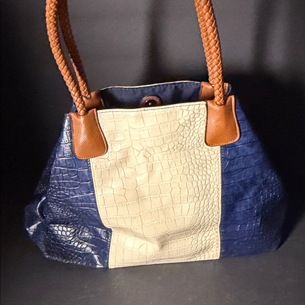 Chic Navy and Cream Shoulder Bag with Braided Handles